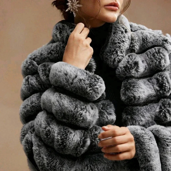 Black & Faded Two-Tone Embossed Fluffy Jacket, Warm Padded Coat For Women - Picture 4 of 6